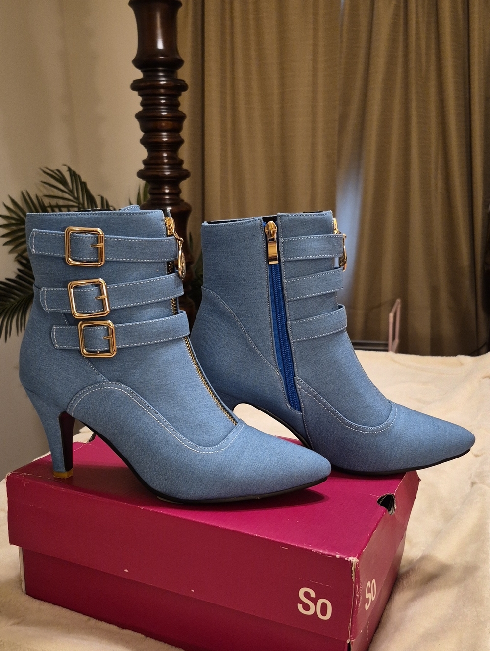 Women's Light Blue Denim Ankle Boots with Gold Buckles